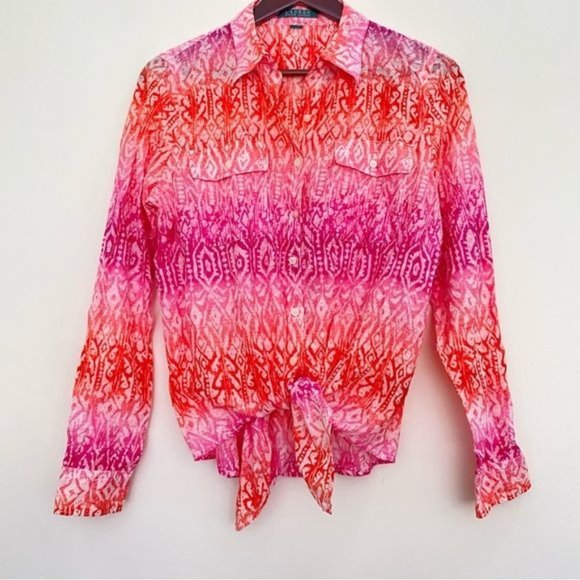 LAUREN RALPH LAUREN Colorful Batik print Tie front Button up Shirt S-M LIKE NEW - Picture 3 of 12